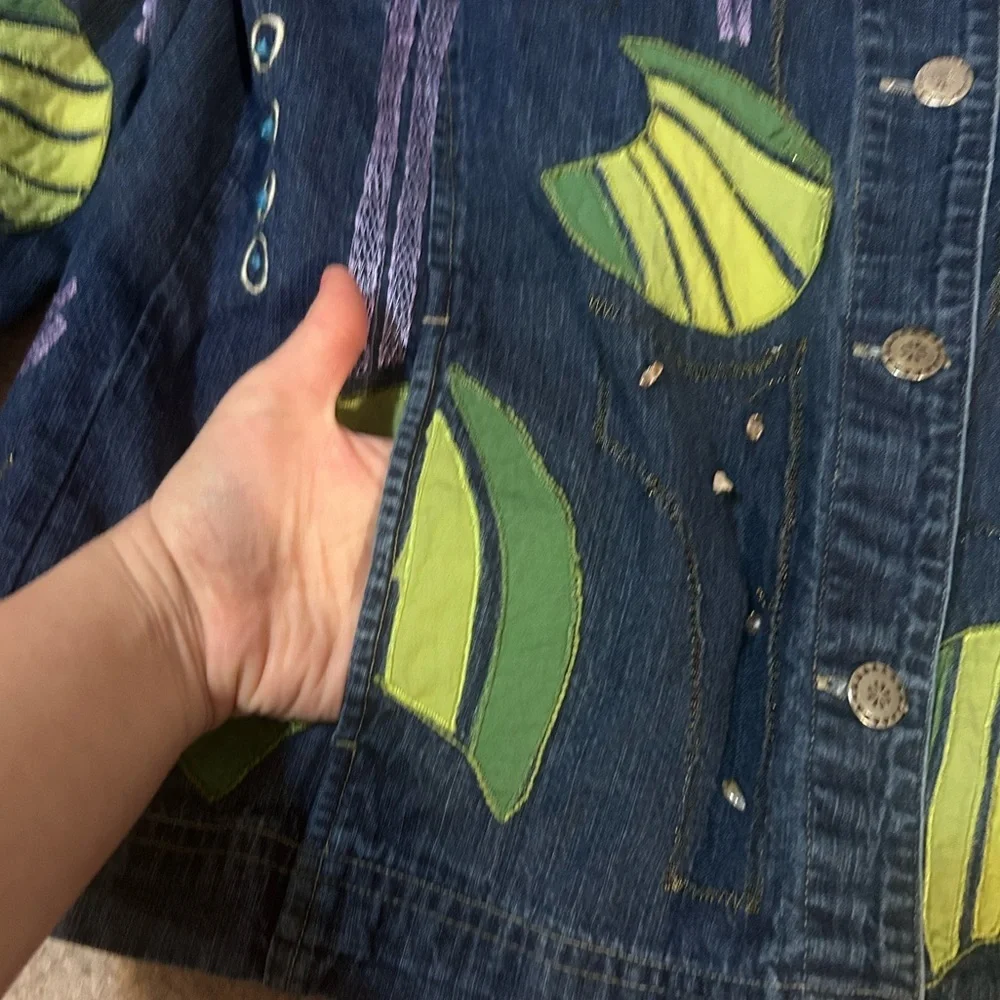 Marsh Landing Plant Embroidery Denim Jean Jacket Abstract Leaf Print Lily pad - Picture 3 of 12